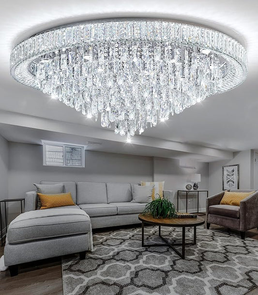 47'' Modern Chandeliers LED Dimmable Crystal Flush Mount Ceiling Chandeliers for Living Room High Ceiling Entrance Foyer Lobby Bedroom Silver