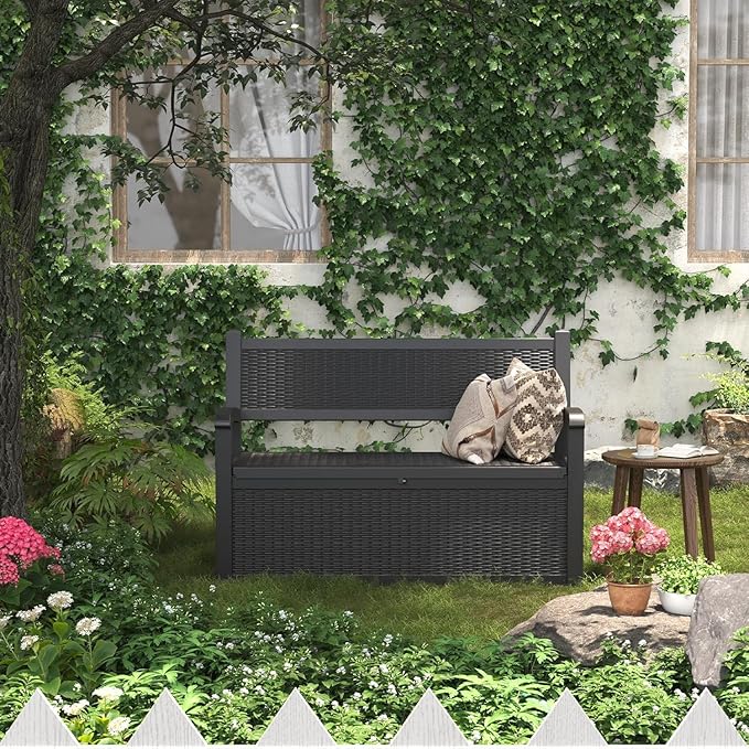 70 Gallon Lockable Outdoor Storage Bench Waterproof, Deck Box Bench for Patio, Porch, Garden, Poolside, Stores Tools & Pool Supplies, Heavy-Duty Outdoor Bench with Storage, Black