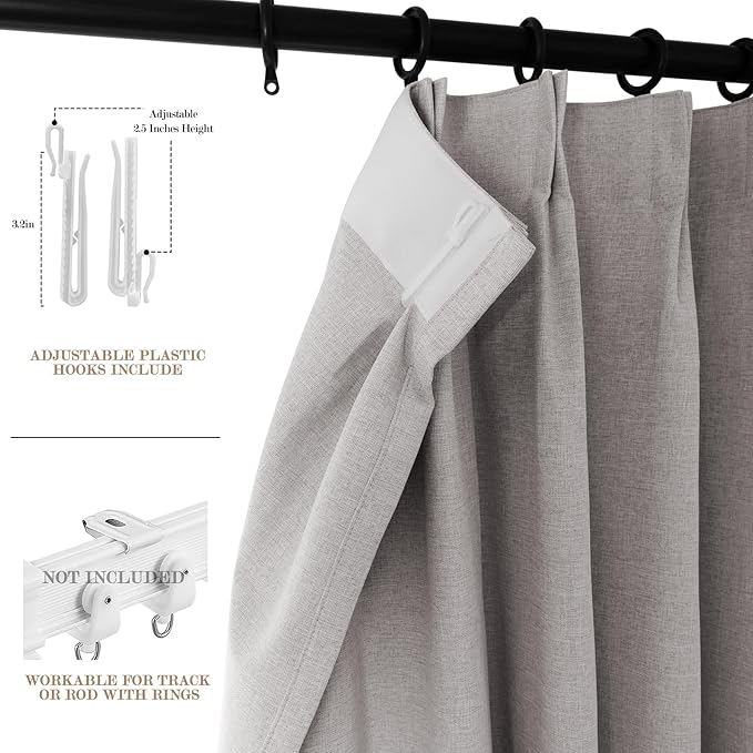 100" W x 84" L Faux Linen Room Divider Curtains, Full Blackout Pinch Pleated Drapes for Traverse Rod, Bedroom Divider Privacy Drapery with Hooks for Ceiling Track, 1 Panel, Browish Grey