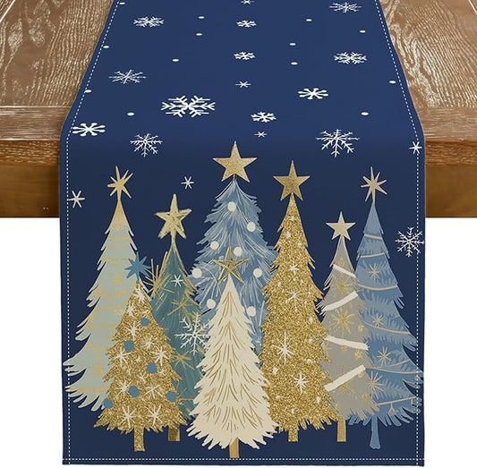 GEEORY Christmas Table Runner 13x60 Inch, Xmas Trees Snowflakes Holiday Decorative Farmhouse Table Decoration for Kitchen Dinning, Indoor Outdoor Dinner Party Decor (Blue) GT151-60