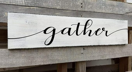 Gather Signs for Home Decor White, Rustic Farmhouse Dining Room Decor Wood Wall Hanging Plaque Gather Wall Decor for Living Room Kitchen Signs 6x16 Inch