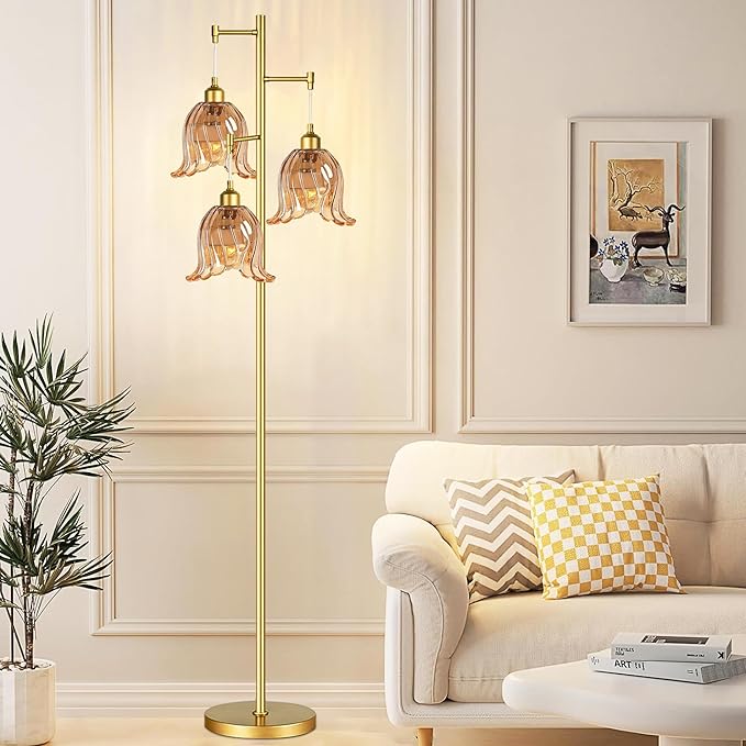Gold Floor Lamp for Living Room,Bedroom,Tree 3 Light Standing Lamp Mid Century Modern Brass Tall Floor Lamps Vintage Retro Floor Lights Glass Flower Amber Lamp Shade Farmhouse Boho Bohemian