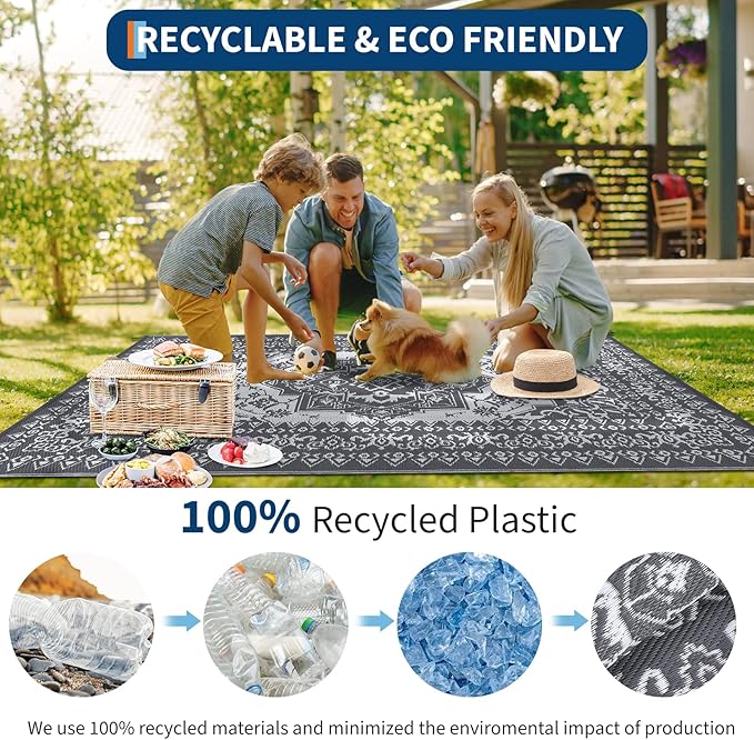 GAOMON Outdoor Patio Rug 9x12 Waterproof Reversible Plastic Straw Rug, Large UV-Resistant Portable RV Camping Mats, Indoor Outdoor Rugs for Outside Deck Porch Garden RV, Gray & White