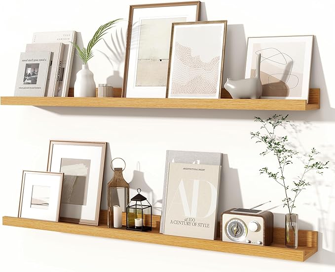 Fun Memories Picture Ledge Shelves Set of 2, 36 Inch Rustic Wall Mounted Floating Shelves with Lip for Home Storage and Décor in Bathroom, Kitchen, Nursery, Bedroom, Living Room, Oak