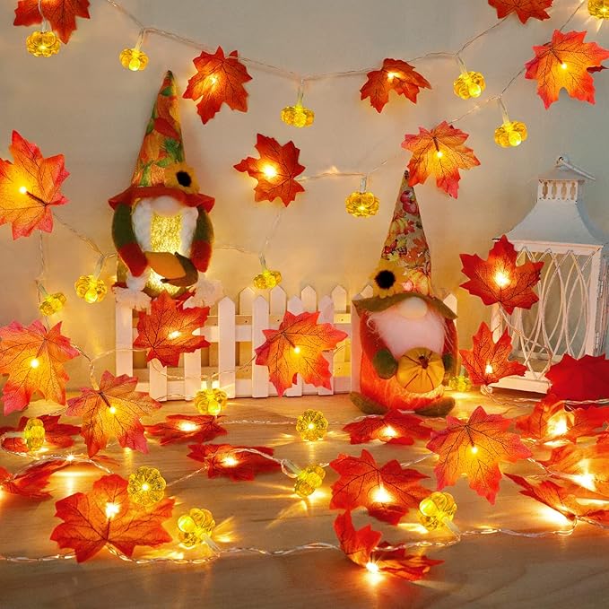 2 Pack & Timer - Fall Garland with Pumpkin Lights Halloween Fall Decor for Home 60LED 20Ft Enlarged Maples Leaves Halloween Garland Lights Indoor Battery Operated Thanksgiving Decor Wedding Christmas