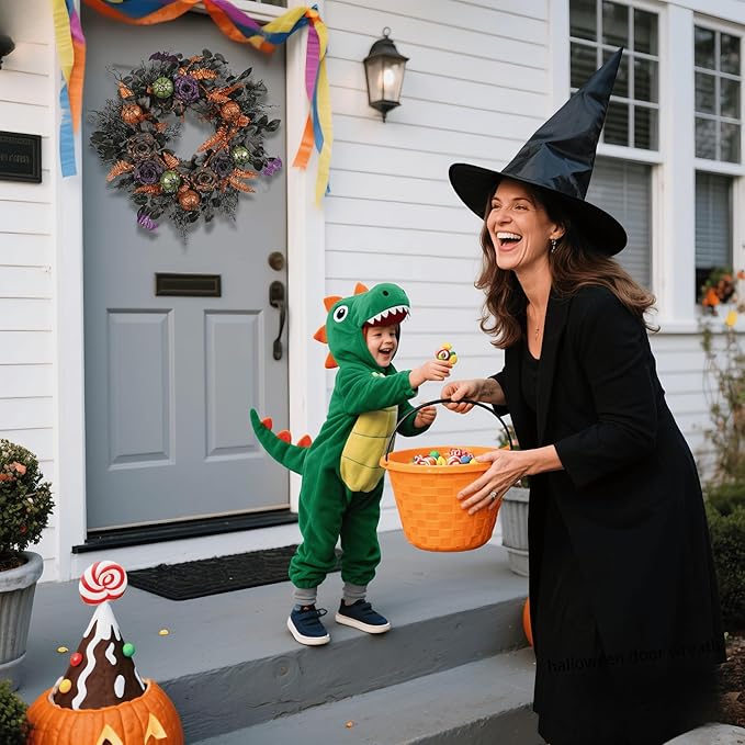 22 Inch Halloween Wreath for Front Door, Spooky Black & Purple Glitter Rose Wreath with Bats & Ornaments, Outdoor Halloween Decorations