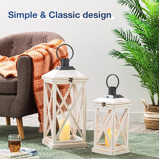 Glitzhome Mondern Farmhouse Wooden Lantern Hanging Decorative Candle Lantern for Outdoor & Indoor Wash White Set of 2 (No Glass)