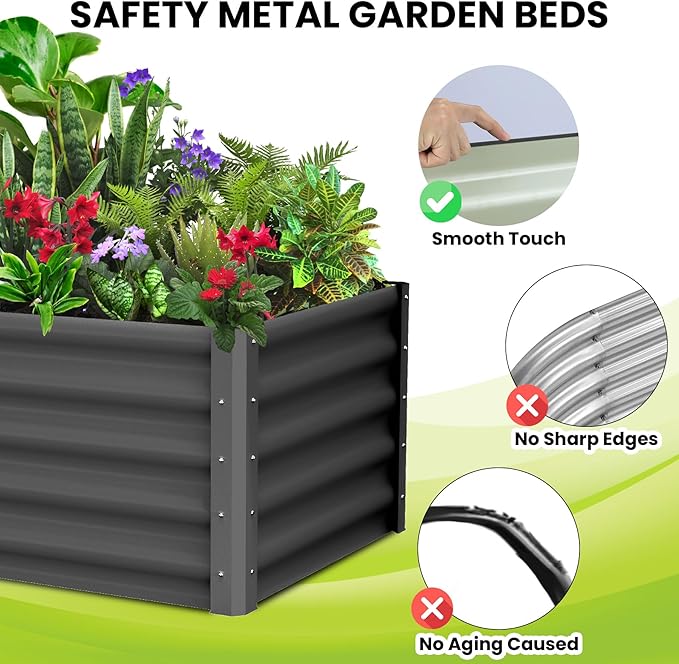 Galvanized Raised Garden Bed Outdoor, 2 Pcs 6x3x1.5FT Outdoor Large Planter Raised Beds Open Base with Safety Edge and Glove for Vegetables Flowers Ground Planter, Dark Grey