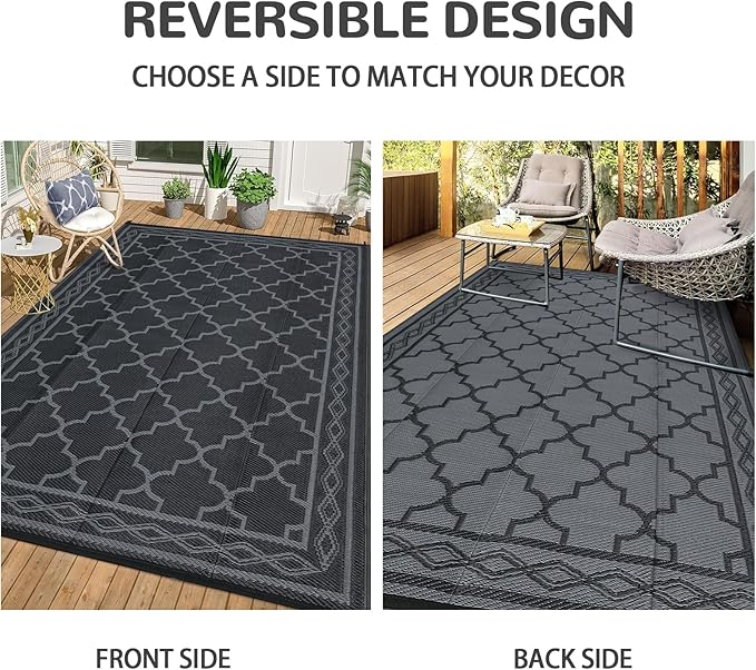 GAOMON Outdoor Rug 9'x12' Waterproof Rug for Patio Decor, Foldable Reversible Plastic Straw Area Rugs Mat for Camper, Outside Carpet for Deck, Porch, Picnic, Beach, Black/Grey(Geometric)