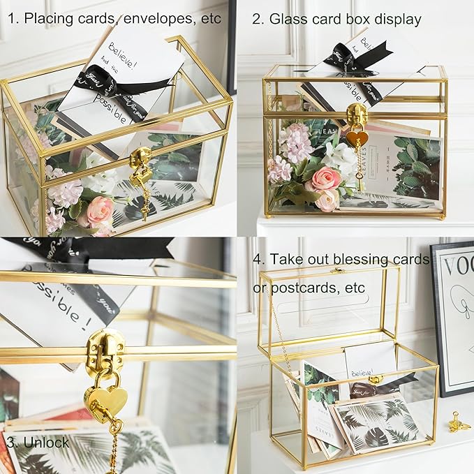 Glass Wedding Card Box with Slot, 10.2 inch Clear Card Box Gold Brass Gift Card Storage Box with Lock Perfect for Wedding Receptions, Baby Shower, Birthday Party, Bridal Shower