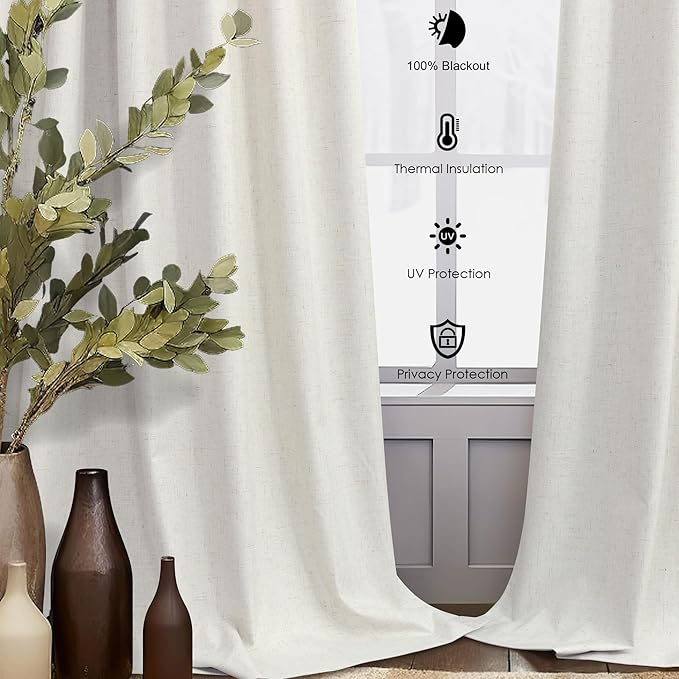 100 Inch Curtains Complete Blackout Linen Curtains for Bedroom 2 Panels Set Large Window Custom Length 100 Inches Long Neutral Cream Colored Thermal Drapes for Sliding Glass Doors Shades Blinds 52x100