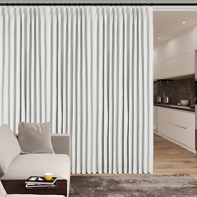 100" W x 84" L Faux Linen Room Divider Curtains, Full Blackout Pinch Pleated Drapes for Traverse Rod, Bedroom Divider Privacy Drapery with Hooks for Ceiling Track, 1 Panel, Greyish White