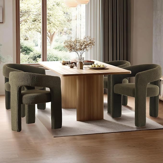 Green Sherpa Dining Chairs Set of 4, Modern Barrel Dining Room Chairs Upholstered Faux Fur Accent Chair with Arms and Round Back for Living Room Kitchen Armchair No Assembly Needed