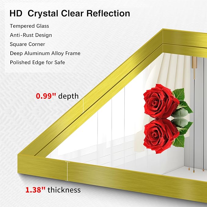 Gold Bathroom Mirror, 30x60 Inch Rectangular Deep Frame Mirror, Large Wall Mounted Bathroom Vanity Mirror Over Sink for Bedroom,Restroom, Living Room, Hangs Vertically or Horizontally