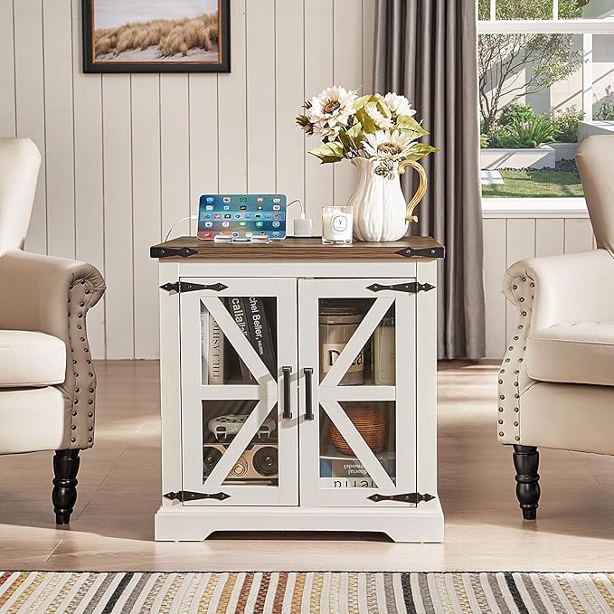 24" End Table with Charging Station, Farmhouse Night Stand with Glass Barn Door, White Nightstands with Adjustable Storage Shelf, Large Wood Square Bed Side Table for Living Room,Bedroom