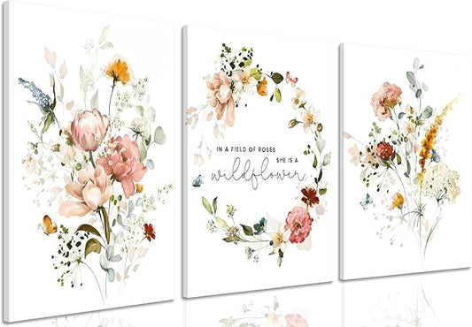3Pcs Framed Watercolor Flowers Canvas Wall Art In A Field Of Roses She Is A Wildflower Painting Picture Wall Decor Pink wreath Poster Print Artwork for Nursery living room Girls Room Home Decoration