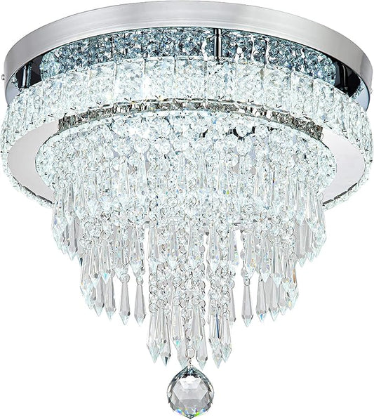 16“ Crystal Chandeliers Light Flush Mount Ceiling Light Fixtures Round Modern LED Chandelier for Living Room Bedroom Dining Room Closet Hallway (Cool White)