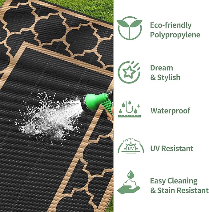 GENIMO Outdoor Rug Waterproof for Patio Decor, 6'x9' Reversible Plastic Straw Rug Carpet, Camping Mats for Outdoor, RV, Backyard, Deck, Balcony, Picnic, Black & Grey