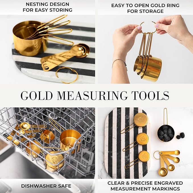 Gold Cooking Utensils with Measuring Cups and Spoons Set - 13-Piece Luxury Gold Kitchen Accessories Includes Metal Measuring Cups and Spoons for Baking, Cooking, and Elegant Kitchen Decor
