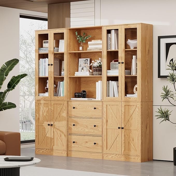 71" Tall Bookshelves Set of 3, 1 Bookcase with Drawers & 2 Bookshelves with Doors, Wooden Floor Standing Display Storage Shelves for Home Office, Living Room