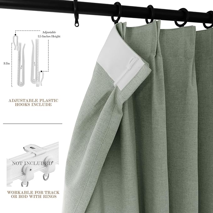 100% Blackout Linen Textured Drapes for Bedroom Pinch Pleated Curtains for Track System Portable Drapery for Sliding Glass Door/Storage/Space Room Divider, 70" Wx102 L, 1 PC, Fog Green