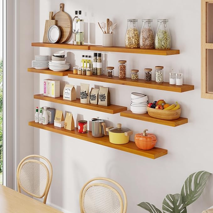 Fun Memories 55 Inches Floating Shelves - 8 Inch Deep Rustic Solid Pine Wood Wall Shelves for Storage - Farmhouse Wall Mounted for Living Room - Heavy-Duty Metal Bracket - 55" W x 8" D - Honey