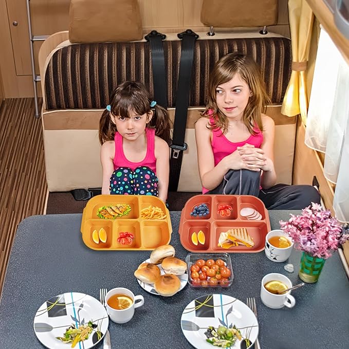 greenandlife 10.8 Inch 4PCS Divided Plates for Kids Adults, Portion Control Plates, Dishwasher & Microwave Safe Compartment Plate, Unbreakable Lightweight Reusable Wheat Straw Plates, Sunset