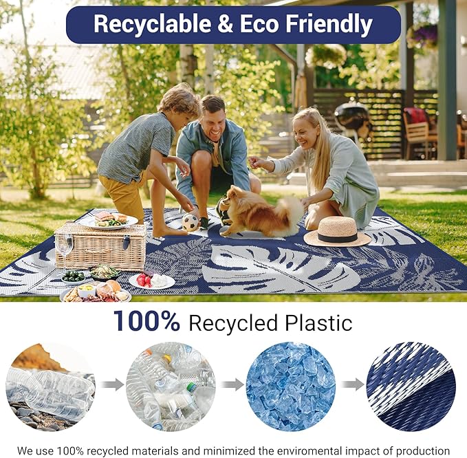 GAOMON Outdoor Plastic Straw Rug 9x18 Waterproof Patio Rug Reversible Camping Mat, Foldable Portable RV Picnic Carpet with Bag & 4 Stakes, UV Resistant Outside Carpet for Deck Balcony, Blue