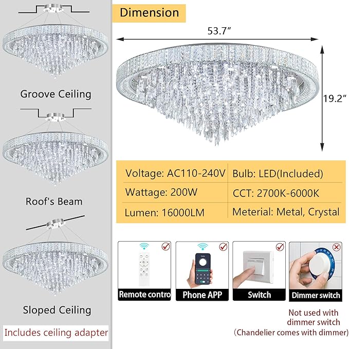 53.7'' Modern Chandeliers LED Dimmable Crystal Flush Mount Ceiling Chandeliers for Living Room High Ceiling Entrance Foyer Lobby Bedroom Silver