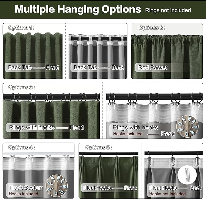 102 Inch Long Linen Blended Blackout Curtains 2 Panels, Back Tab Pleated Look Drapes for Track System with Hooks, Noise Reducing Country Blackout Winodw Curtains 50x102-Loden/Olive Green