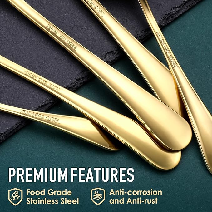 Gold Serving Utensils, OGORI 8-Piece Polished Stainless Steel Flatware Silverware Set Include Serving Spoon, Slotted Spoon, Cake Server, Soup Ladle, Fork, Salad Fork, Butter Knife, Serving Tong