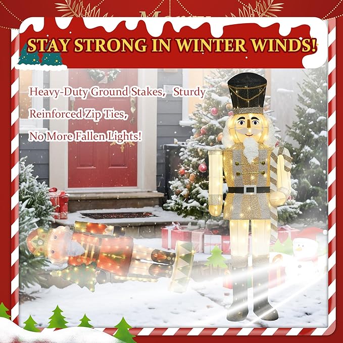 61Inch Nutcracker Christmas Decor Outdoor with LEDs 5 Feet Lighted Large Nutcracker Lighted Christmas Decorations Outdoor with Stakes & Zip Ties for Xmas Yard, Porch, Lawn