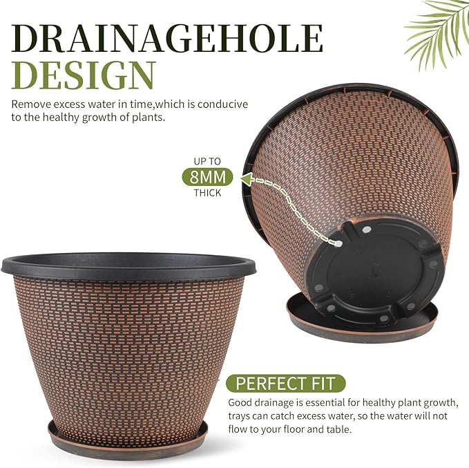 12 inch Pots for Plants, 4 Pack Large Outdoor Planter Pot with Drainage Holes & Saucers, Plastic Flower Pots for Indoor Plants, Decorative Garden Pots for Indoor & Outdoor Plant (Black Copper)