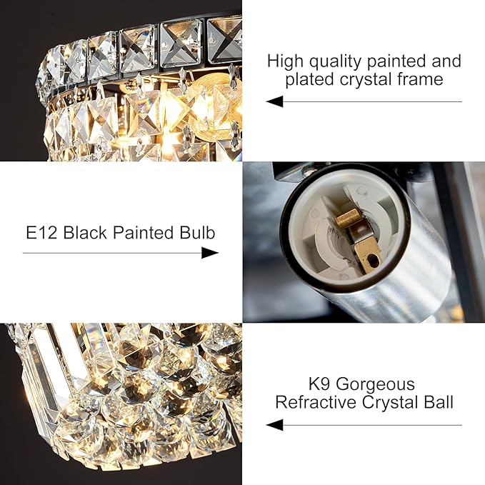 4-Light Black Crystal Chandeliers Flush Mount Chandelier Light Fixture with K9 Crystals Modern Ceiling Lights Elegant Round Lamp for Bedroom,Hallway,Bar,Living Room,Dining Room,H5.9 xW13.7