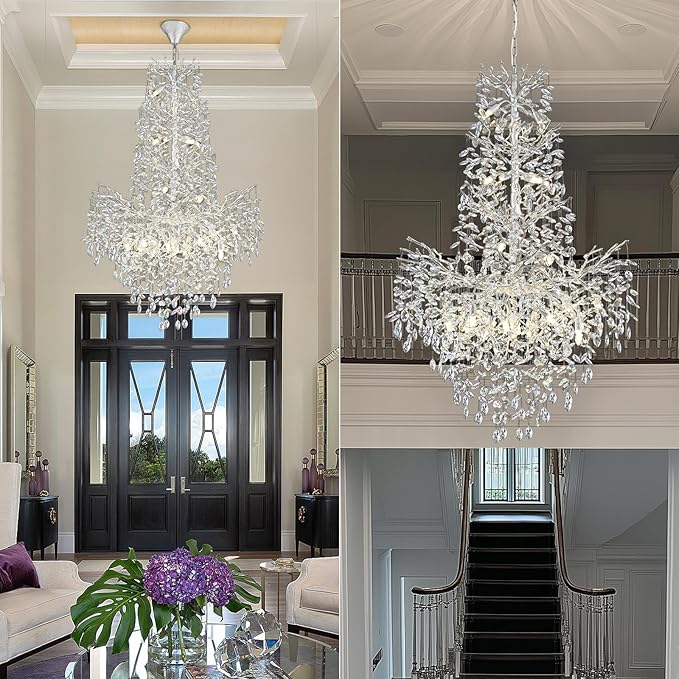 H61'' Modern Silver K9 Crystal High Ceiling Chandeliers, 23-Lights Staircase Chandeliers,Large Crystal Tree Branch Chandelier, D40'' Foyer Chandelier,for Living Room,Entryway