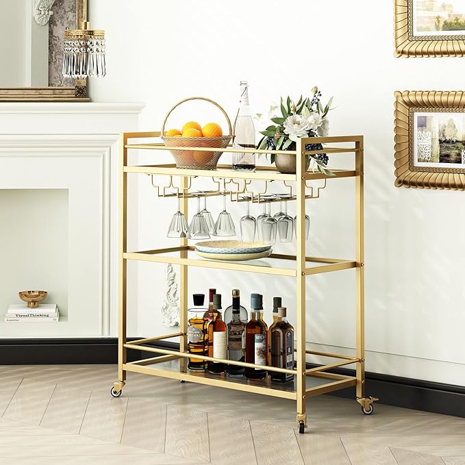 Glass Gold Bar Carts for Home with Hanging Wine Rack - Home Bar Serving Cart with 3 Mirrored Shelves, Kitchen Bar Carts, Wine Cart for Entertaining, Club Party.