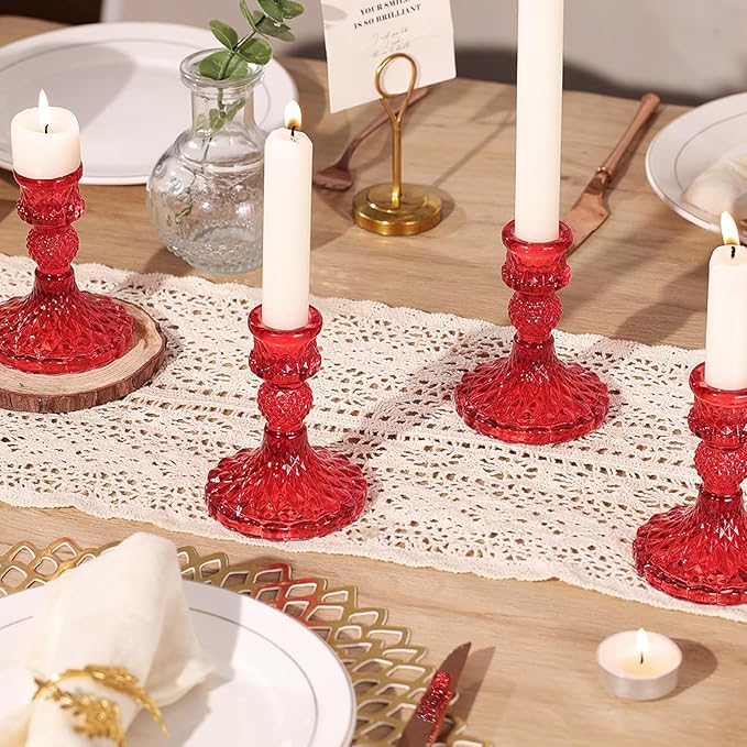 12Pcs Red Candlestick Holders Set- 4" H Taper Candle Holders Bulk, Glass Candle Holders for Activities, Party, Romantic Dinner Table Centerpieces, Festival Gifts & Windowsill Decor