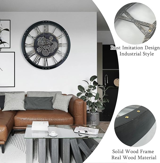 30 Inch Industrial Steampunk Wall Clock, Oversized Solid Wood Frame, Battery Operated, Large Wall Clock with Real Rotating Gears, Black