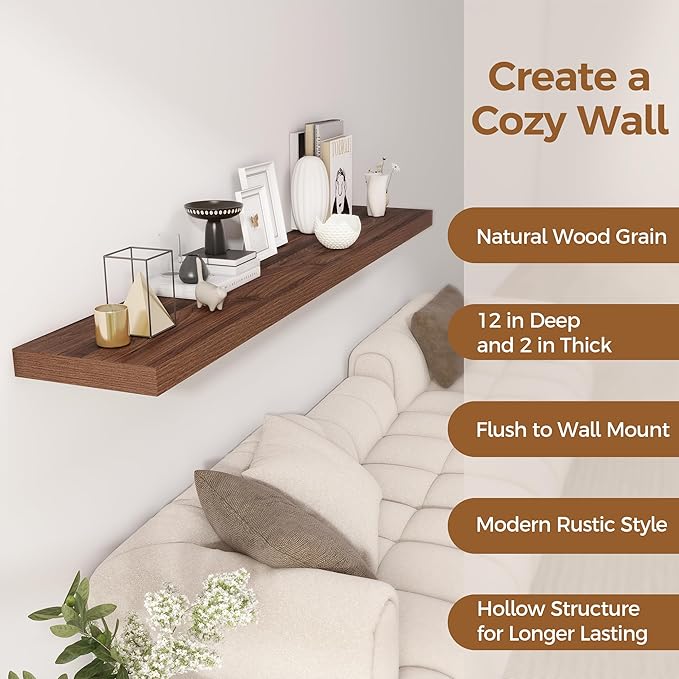 Fun Memories 72 Inch Floating Shelf, 12 Inch Deep Wall Shelf for Fireplace Mantel, Deep Storage Shelves for Home & Office, Wall Shelves with Invisible Bracket, Walnut, Set of 1