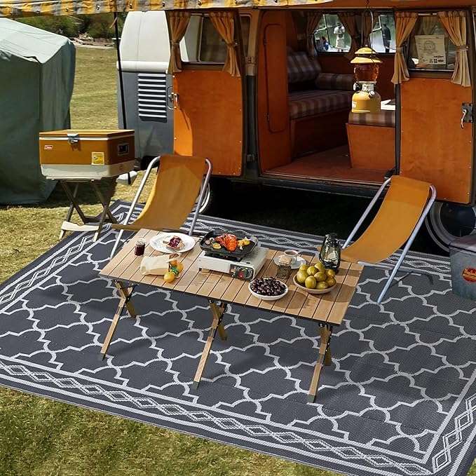 GAOMON Outdoor Rugs Patio Camping Waterproof Rug 6'x9' Plastic Straw Patio Rug Portable for Campers, Outside RVs Mat for Patios Clearance, Backyard Porch, Balcony, Grey/White(Geometric)