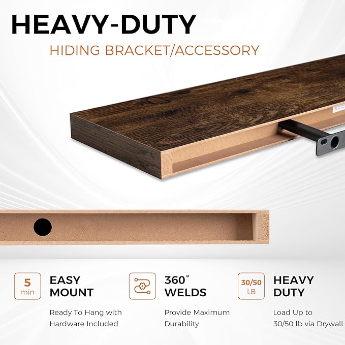 Fun Memories Floating Shelves for Wall, 22.5" Rustic Wood Deep Wall Mounted Shelves with Invisible Brackets for Decor & Storage, Floating Shelf for Living Room, Bathroom (Rustic Brown, Set of 2)