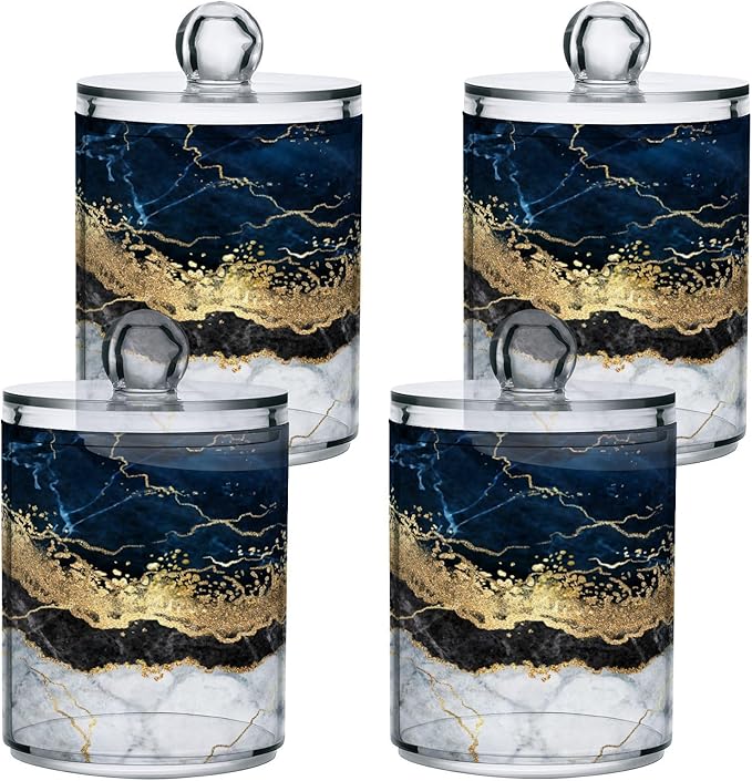 2 Pack Qtip Holder Dispenser Navy Blue Marble Bathroom Storage Canister Lid Acrylic Plastic Apothecary Jar Set Vanity Makeup Organizer for Cotton Swabs/Pads/Floss
