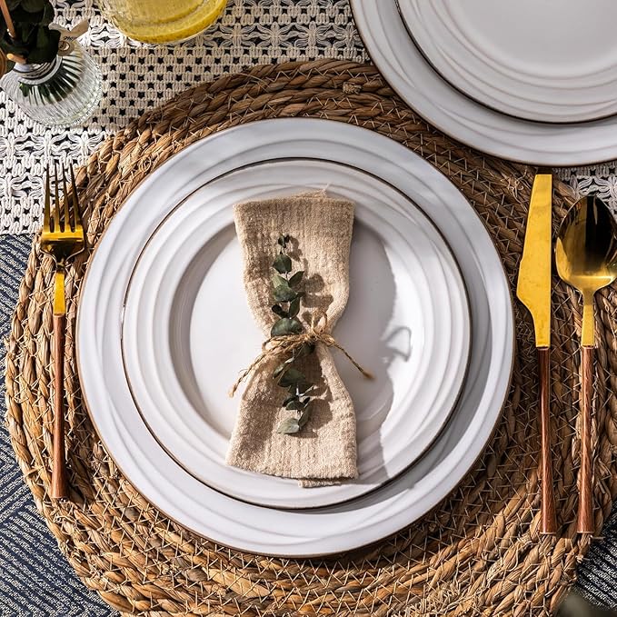 GBHOME Ceramic Dinnerware Sets,18 pcs Embossed Elegant Stoneware Plates and Bowls Sets, Housewarming Wedding Gift | Dishwasher & Microwave Safe | Dishes Set Service for 6