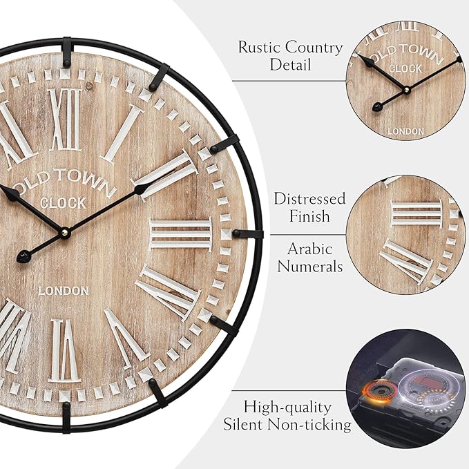 24 Inch Grand Farmhouse Wall Clock, Vintage-Inspired Wood & Metal Design with Large Etched Numbers, Silent Battery-Powered Timepiece for Offices, Kitchens, Bedrooms, and Living Rooms