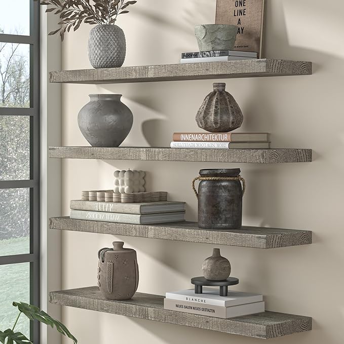 Fun Memories Floating Shelves for Wall Decor, 30"x8" Rustic Reclaimed Wood Shelves, Heavy-Duty Wall Mounted Shelves with Invisible Brackets, Set of 2for Living Room, Bedroom, Kitchen, Grey Finish