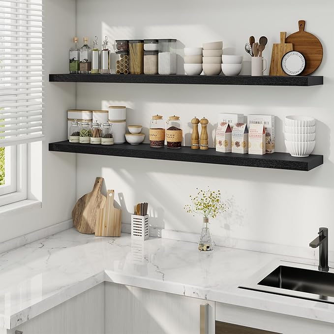 Fun Memories 55 Inch Fireplace Mantel Shelf -Long Floating Shelves, Deep Wall Mounted Farmhouse Display Shelves with Invisible Heavy Duty Metal Bracket, Black, 2 Pack