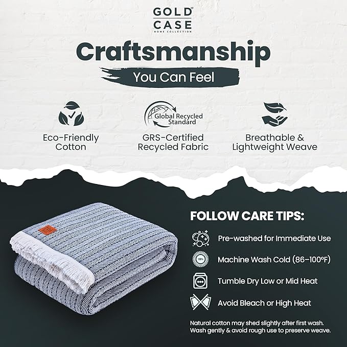 Gold Case Throw Blanket for Bed – 100% Recycled Turkish Cotton Bed Blanket – Decorative Throw Cotton Blankets for Living Room & Bedroom – Vintage Navy Blue Woven Queen Blankets – 90x90