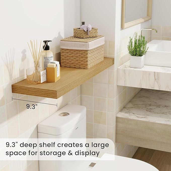 Fun Memories Floating Shelves for Wall, 32 Inch Rustic Wood Wall Mounted Shelves for Bathroom, Bedroom, Kitchen, Living Room, Deep Floating Shelves for Storage & Home Decor (Oak, Set of 2)