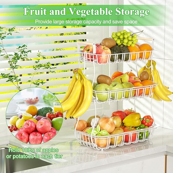 3 Tier Fruit Basket with 2 Banana Hooks, Large Capacity Multifunctional Detachable Sturdy Fruit Bowl with Wooden Handle Mesh Top for Kitchen Counter, for Bread Snacks Vegetables Produce, White