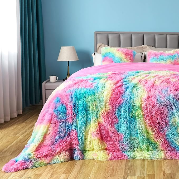 GONAAP Fuzzy Faux Fur Throw Blanket Queen Size Dark Rainbow Super Soft Cozy Plush Fuzzy Shaggy Blanket for Couch Sofa Bed (Dark Rainbow, Queen(90"x90"))